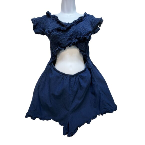 American Eagle Outfitters Womens Smocked Sexy Denim Romper Size L Navy Cutout - Picture 1 of 11